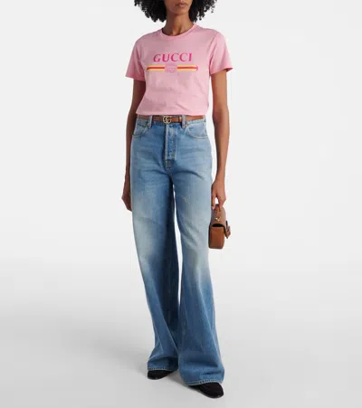 Gucci Women Pink Crewneck T-shirt With Logo Print On The Front In Cotton Woman