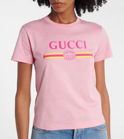 Gucci Women Pink Crewneck T-shirt With Logo Print On The Front In Cotton Woman