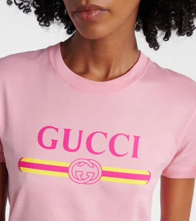 Gucci Women Pink Crewneck T-shirt With Logo Print On The Front In Cotton Woman