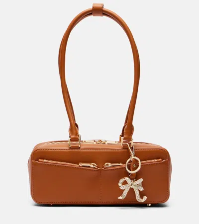 Self-portrait Tan Leather Baguette Shoulder Bag With Charm In Brown