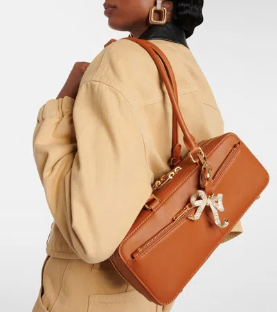 Self-portrait Tan Leather Baguette Shoulder Bag With Charm In Brown