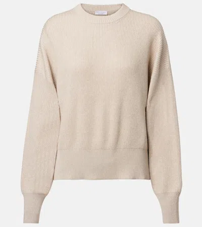 Brunello Cucinelli Ribbed-knit Cashmere-blend Sweater In Neutral