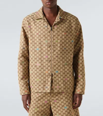 Gucci Beige Shirt With Spread Collar And Two Front Welt Pockets In Gg Canvas Man In Gold