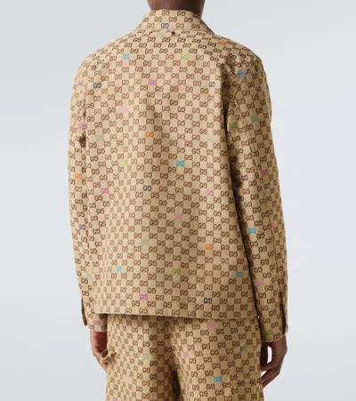 Gucci Beige Shirt With Spread Collar And Two Front Welt Pockets In Gg Canvas Man In Gold