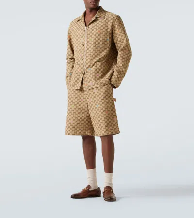 Gucci Beige Shirt With Spread Collar And Two Front Welt Pockets In Gg Canvas Man In Gold