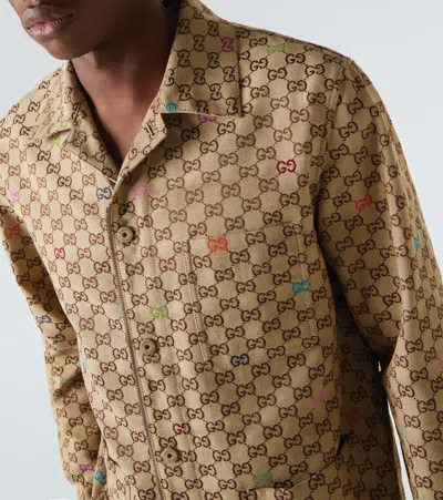 Gucci Beige Shirt With Spread Collar And Two Front Welt Pockets In Gg Canvas Man In Gold