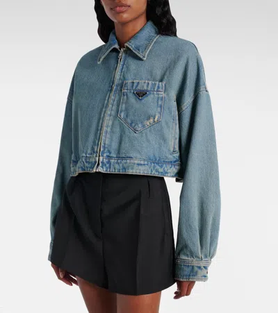 Prada Cropped Denim Jacket Featuring Buttoned Cuffs In Blue