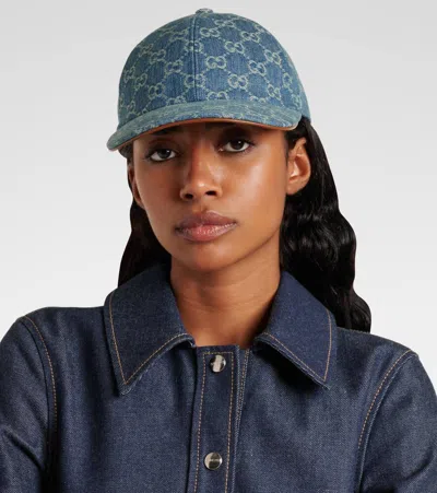 Gucci Gg Denim Baseball Hat With Horsebit In Blue