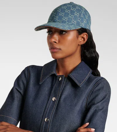 Gucci Gg Denim Baseball Hat With Horsebit In Blue
