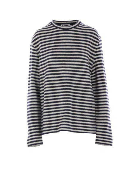 Jil Sander White And Blue Striped Wool Crewneck Sweater In Black