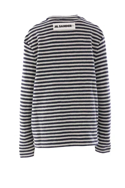 Jil Sander White And Blue Striped Wool Crewneck Sweater In Black