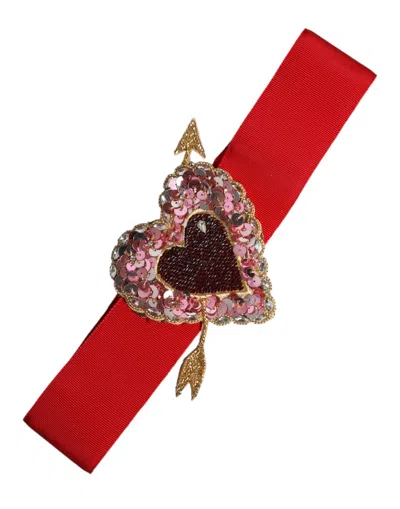 Dolce & Gabbana Red Stretch Wide Waist Heart Embellished Women's Belt In Red