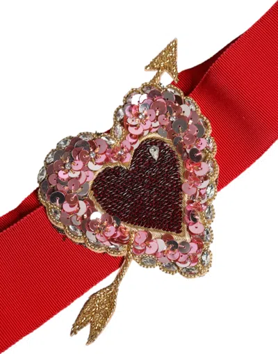 Dolce & Gabbana Red Stretch Wide Waist Heart Embellished Women's Belt In Red