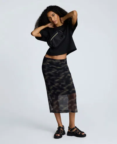 Kenneth Cole Printed Mesh Pull-on Side Ruched Midi Skirt In Black