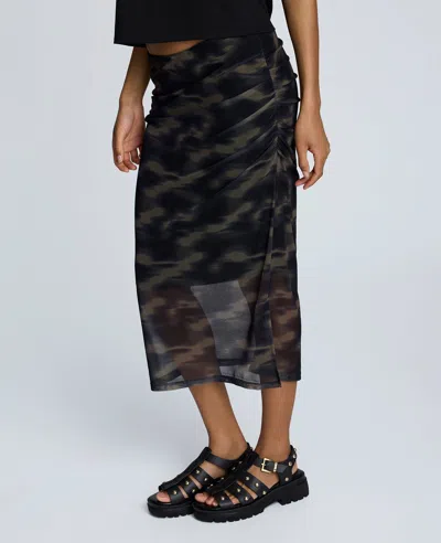 Kenneth Cole Printed Mesh Pull-on Side Ruched Midi Skirt In Black