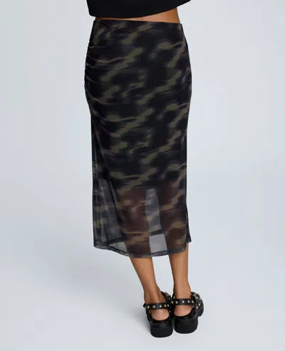 Kenneth Cole Printed Mesh Pull-on Side Ruched Midi Skirt In Black
