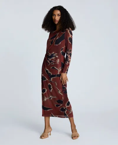 Kenneth Cole Printed Mesh Knot Front Long Sleeve Maxi Dress In Brown