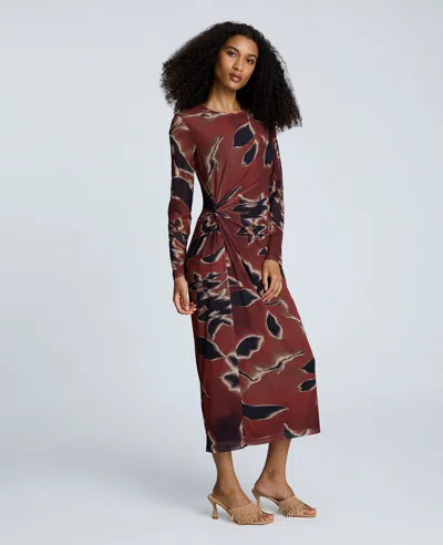 Kenneth Cole Printed Mesh Knot Front Long Sleeve Maxi Dress In Brown