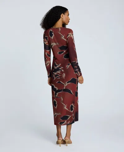 Kenneth Cole Printed Mesh Knot Front Long Sleeve Maxi Dress In Brown