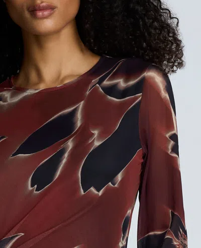 Kenneth Cole Printed Mesh Knot Front Long Sleeve Maxi Dress In Brown