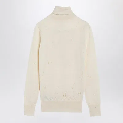 Mm6 Maison Margiela Mm6 By Maison Margiela High-neck Cream Wool Pullover With Numeric Logo In White