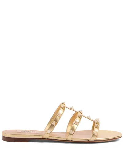 Valentino Garavani Rockstud Laminated Nappa Slide Sandal Woman Antique Brass 41 In Neutral