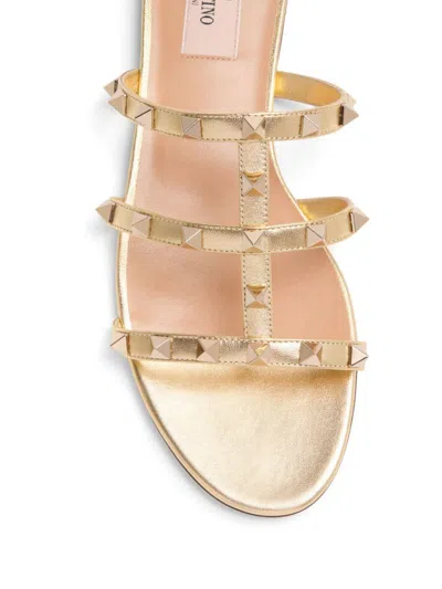 Valentino Garavani Rockstud Laminated Nappa Slide Sandal Woman Antique Brass 41 In Neutral