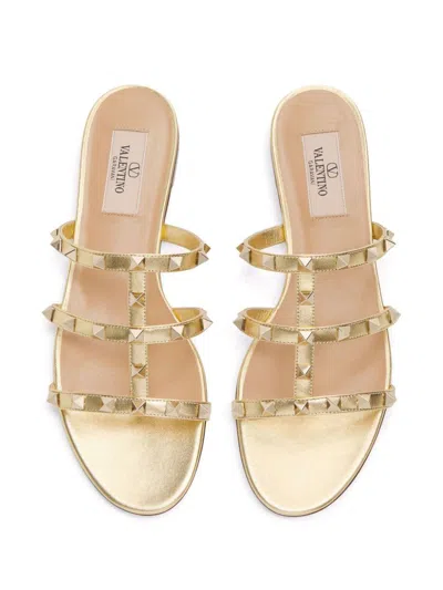 Valentino Garavani Rockstud Laminated Nappa Slide Sandal Woman Antique Brass 41 In Neutral