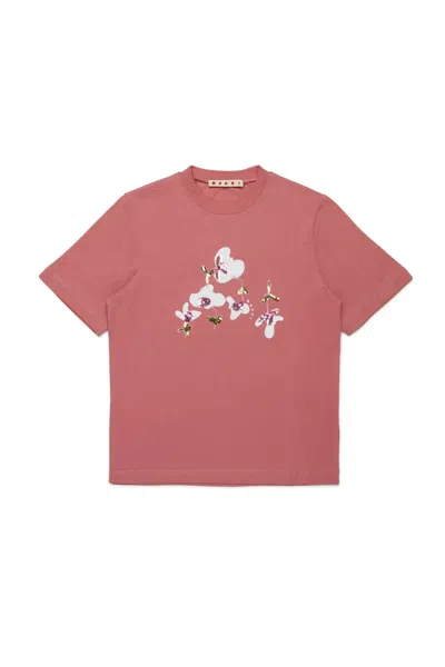 Marni T-shirt In Jersey Con Patch Floreali In Pink