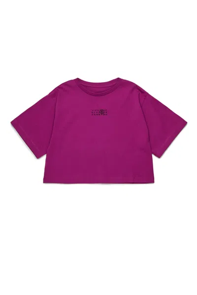 Mm6 Maison Margiela T-shirt Cropped In Jersey Con Numeric Logo In Pink