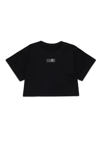 Mm6 Maison Margiela T-shirt Cropped In Jersey Con Numeric Logo In Black