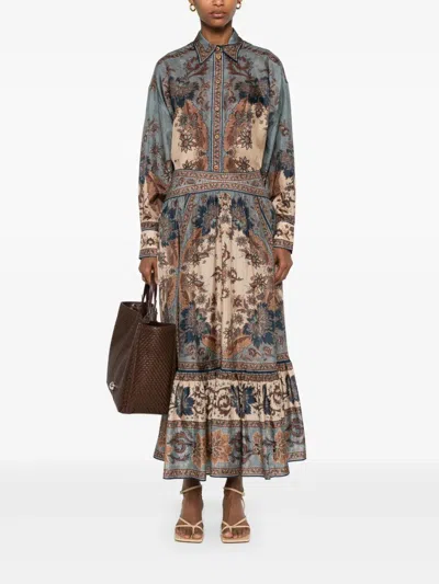 Zimmermann Womens Blue Cream Indienne Ascension Manstyle Graphic-pattern Silk Shirt