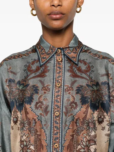 Zimmermann Womens Blue Cream Indienne Ascension Manstyle Graphic-pattern Silk Shirt