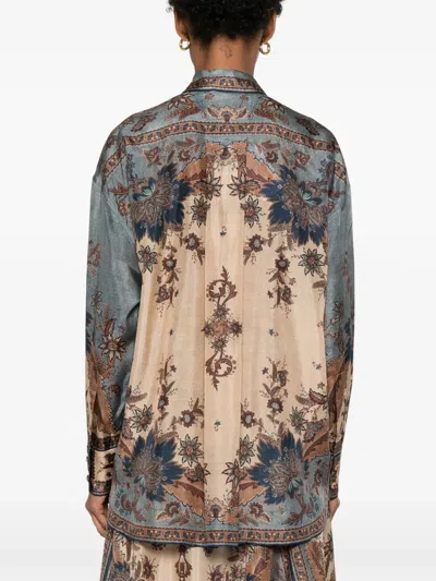 Zimmermann Womens Blue Cream Indienne Ascension Manstyle Graphic-pattern Silk Shirt