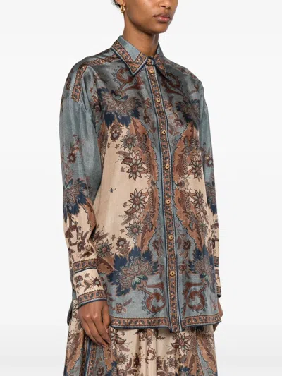 Zimmermann Womens Blue Cream Indienne Ascension Manstyle Graphic-pattern Silk Shirt