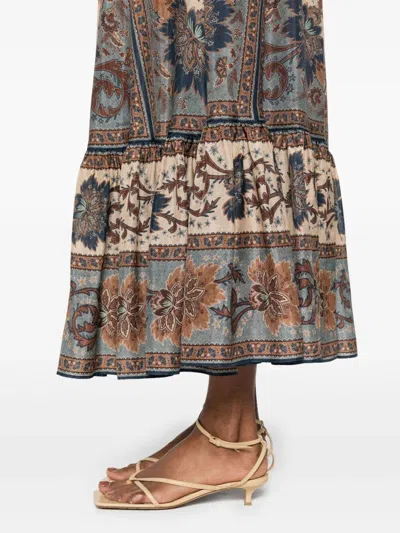 Zimmermann Womens Blue Cream Indienne Ascension Tiered Silk Midi Skirt Xs