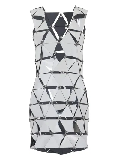 Rabanne Geometric Short Dress With Reflective Panels And Open Back In White