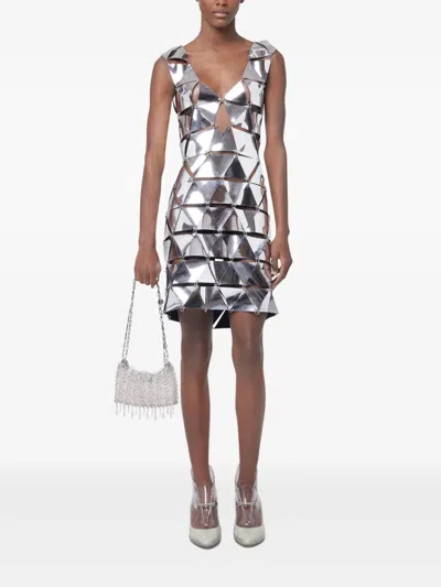 Rabanne Geometric Short Dress With Reflective Panels And Open Back In White