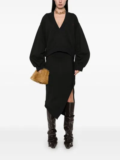 Attico Ribbed Waist Midi Skirt With Side Slit In Black