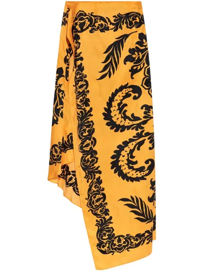Etro Orange Skirt With Asymmetric Design And All-over Stencil Floral Print In Viscose Woman