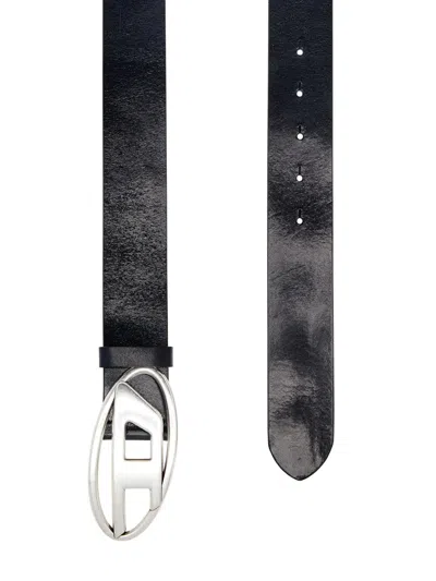 Diesel Black Belt With Oval D Logo Buckle Closure In Leather Man