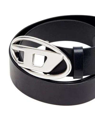 Diesel Black Belt With Oval D Logo Buckle Closure In Leather Man