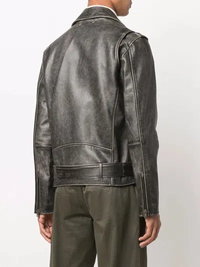 Golden Goose Black Biker Jacket With Notched Revers And Leopard Lining In Black