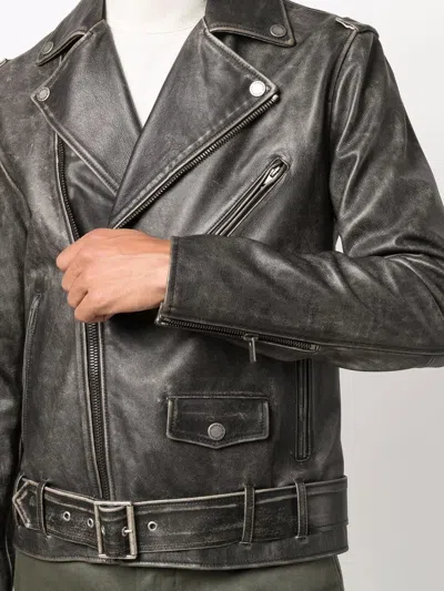 Golden Goose Black Biker Jacket With Notched Revers And Leopard Lining In Black