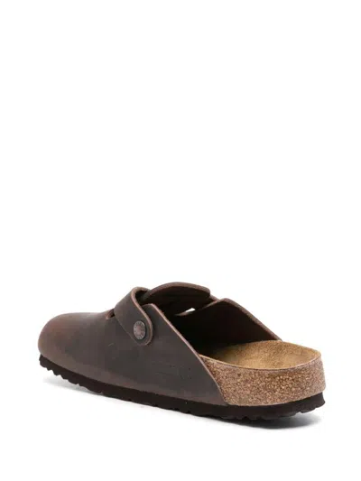 Birkenstock Leather Boston Slippers Buckle Detail In Brown