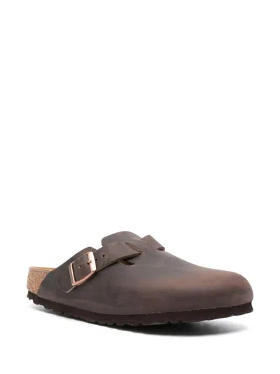Birkenstock Leather Boston Slippers Buckle Detail In Brown