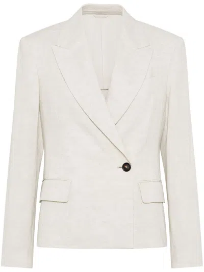 Brunello Cucinelli Linen Sparkling Canvas Blazer With Monili In White
