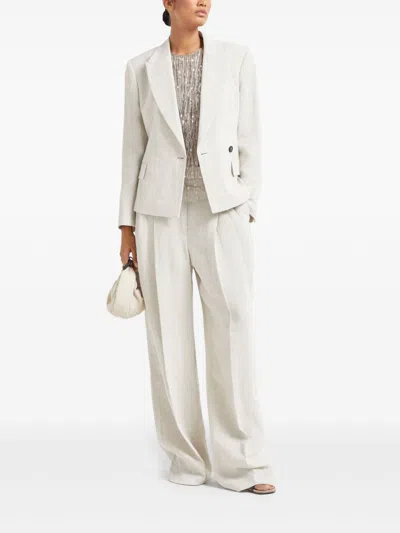 Brunello Cucinelli Linen Sparkling Canvas Blazer With Monili In White