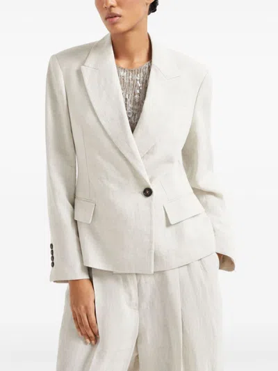 Brunello Cucinelli Linen Sparkling Canvas Blazer With Monili In White