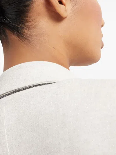Brunello Cucinelli Linen Sparkling Canvas Blazer With Monili In White
